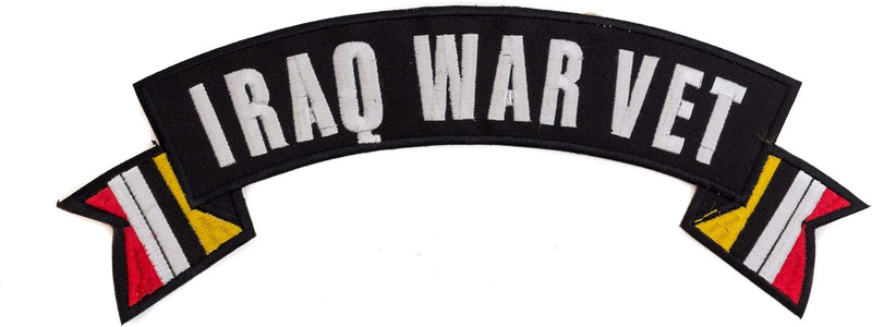 IRAQ WAR VET Yellow, Red & White on Black Banner Iron on Top Rocker Patch for Jacket Vest